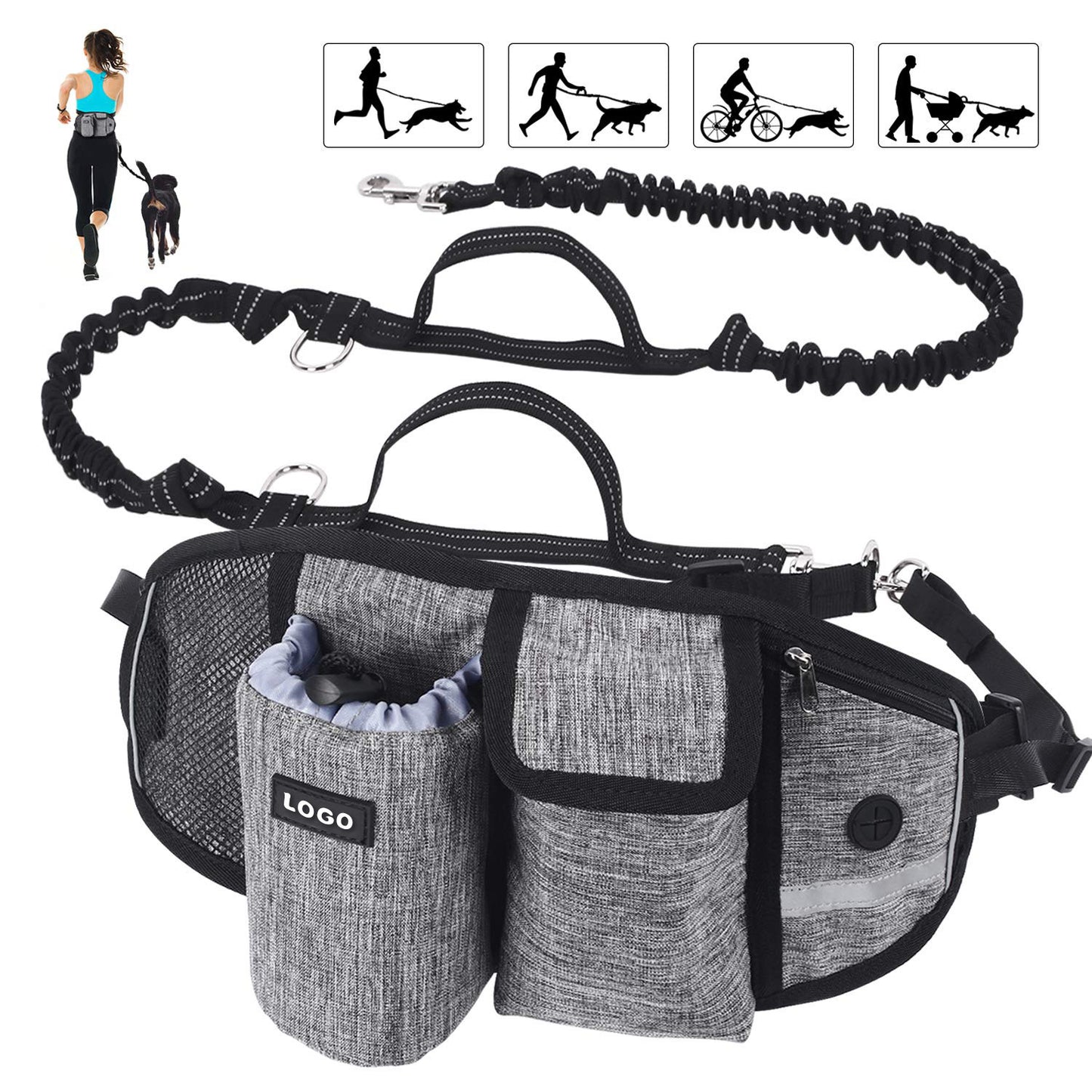 Laisse d'Entraînement pour Chien avec Sac à Taille, Laisse Sans Mains pour Course et Promenade en Extérieur, Sac Portatif pour Nourriture et Eau pour Chien, Sacs de Rangement