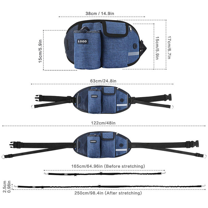 Laisse d'Entraînement pour Chien avec Sac à Taille, Laisse Sans Mains pour Course et Promenade en Extérieur, Sac Portatif pour Nourriture et Eau pour Chien, Sacs de Rangement